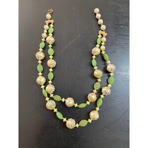 vintage 1950s beaded necklace multi strand rose beads yellow green 50s jewelry